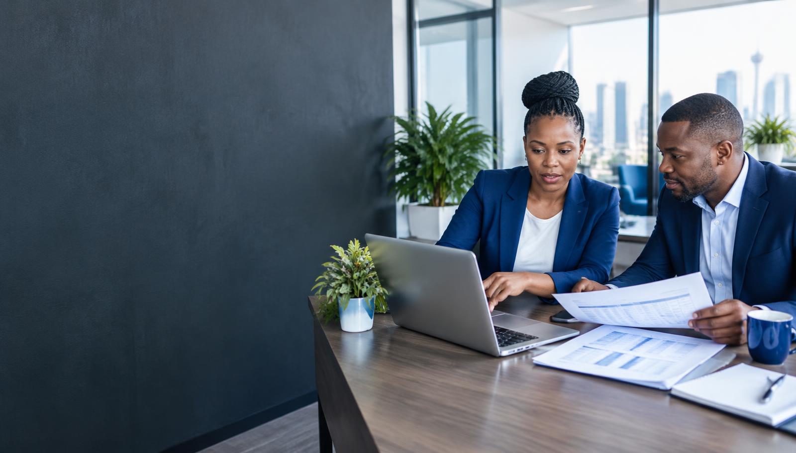 Business professionals reviewing payroll at an office desk